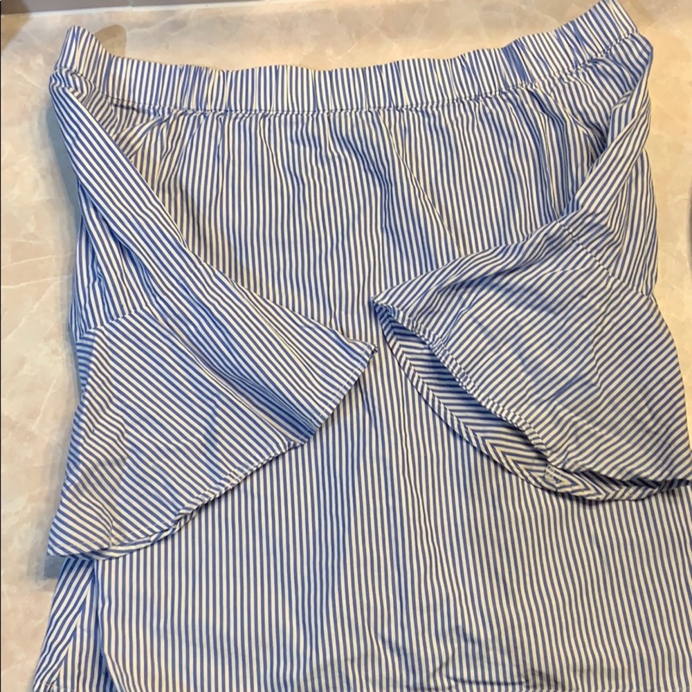 blue and white off the shoulder top